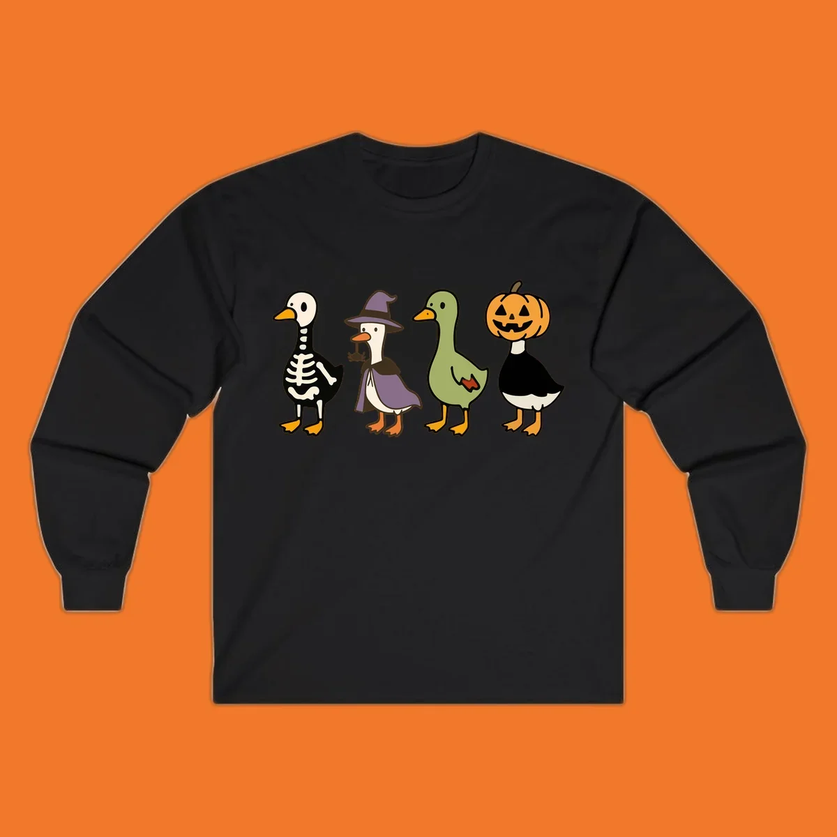 Four ducks in Halloween costumes: skeleton, witch, plain, and jack-o-lantern. Funny Halloween duck costumes.