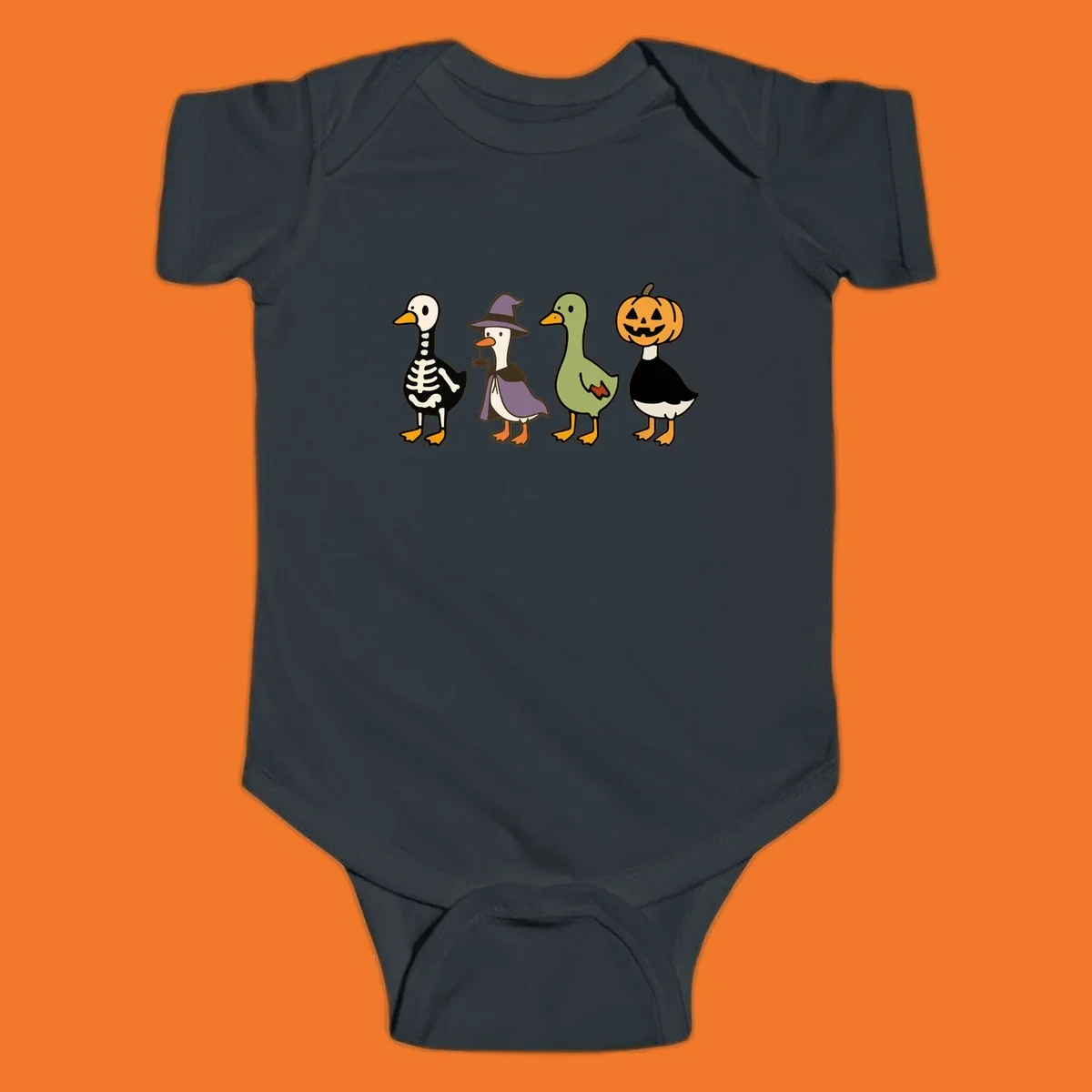 Four ducks in Halloween costumes: skeleton, witch, plain, and jack-o-lantern. Funny Halloween duck costumes.