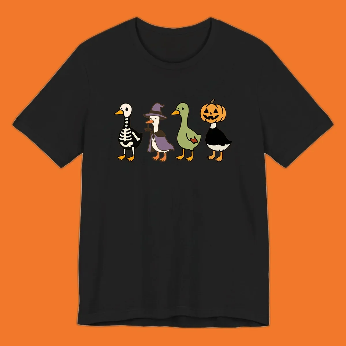 Four ducks in Halloween costumes: skeleton, witch, plain, and jack-o-lantern. Funny Halloween duck costumes.
