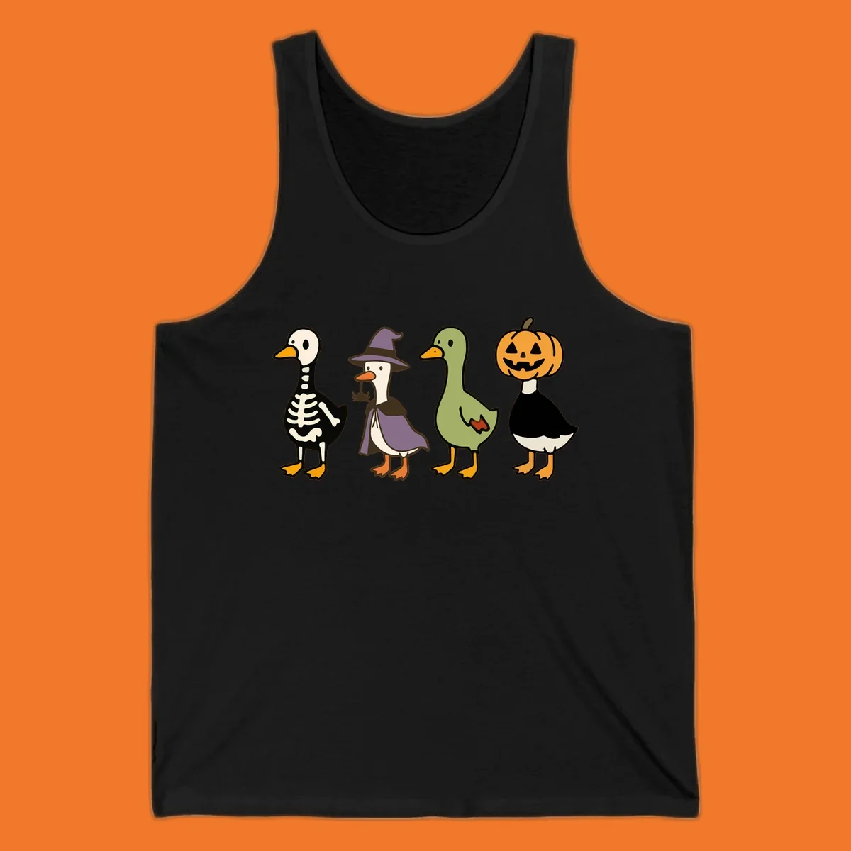 Four ducks in Halloween costumes: skeleton, witch, plain, and jack-o-lantern. Funny Halloween duck costumes.