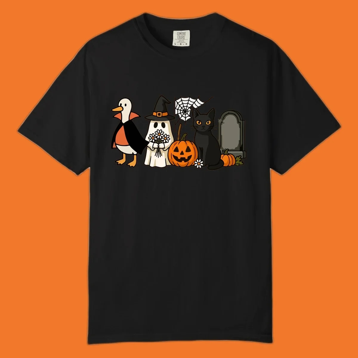 Halloween spooky friends gathering illustration with a duck, ghost, cat, and pumpkin.
