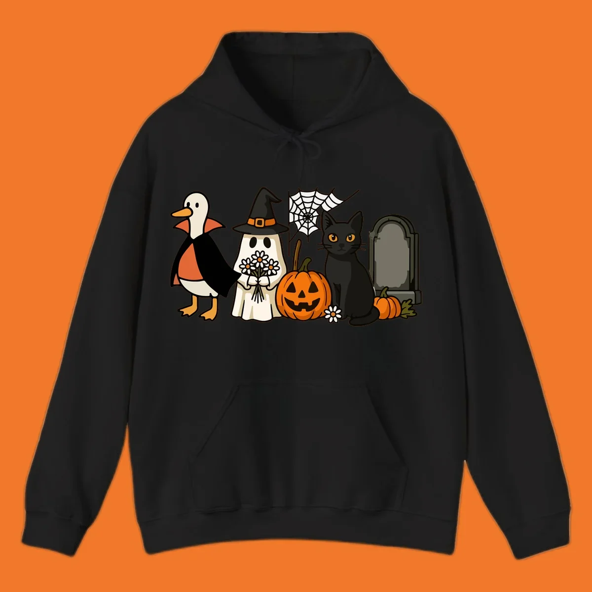 Halloween spooky friends gathering illustration with a duck, ghost, cat, and pumpkin.
