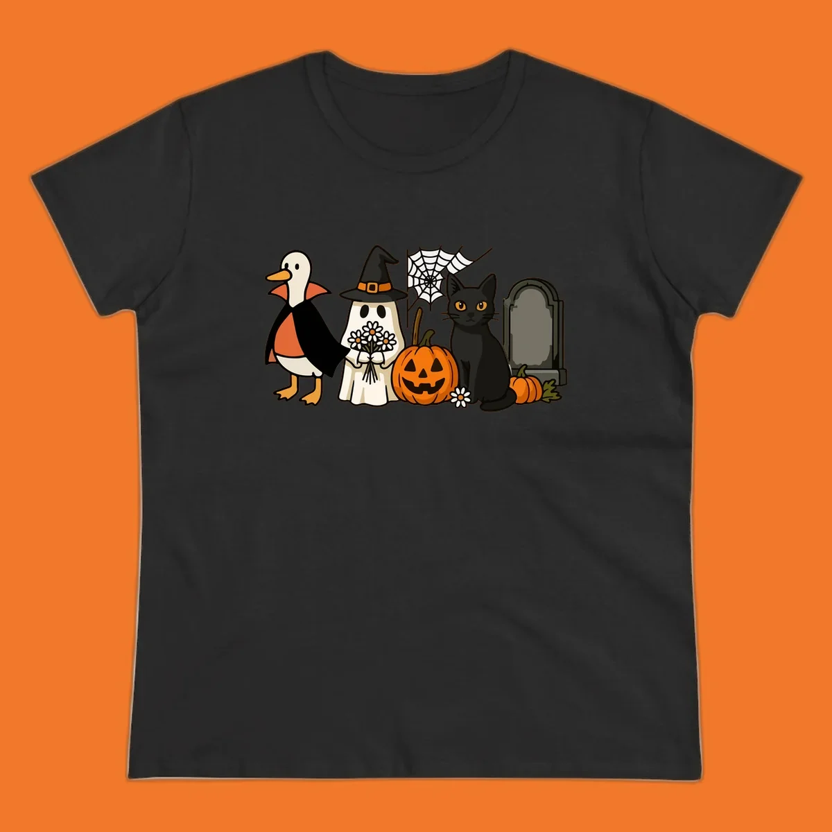 Halloween spooky friends gathering illustration with a duck, ghost, cat, and pumpkin.