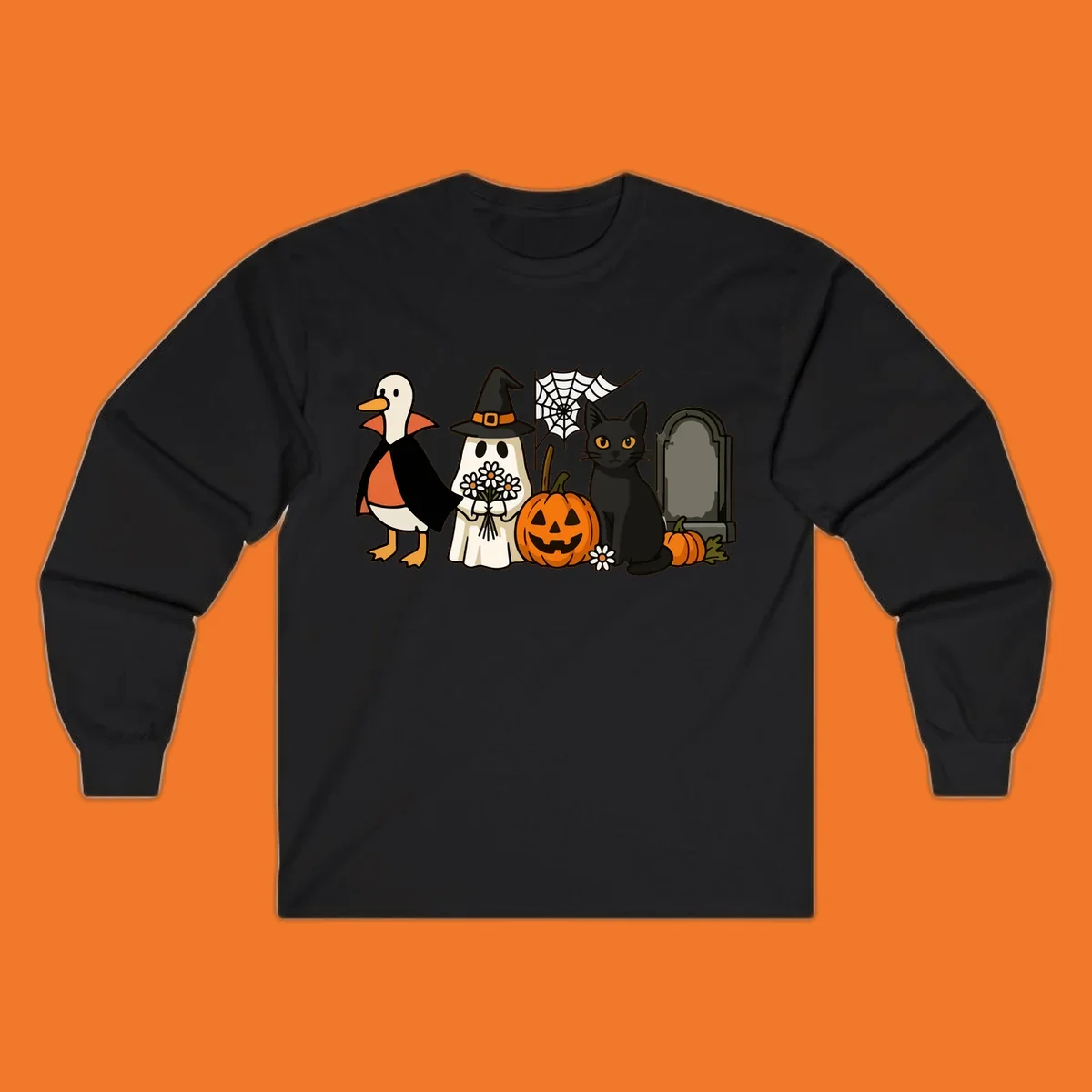 Halloween spooky friends gathering illustration with a duck, ghost, cat, and pumpkin.