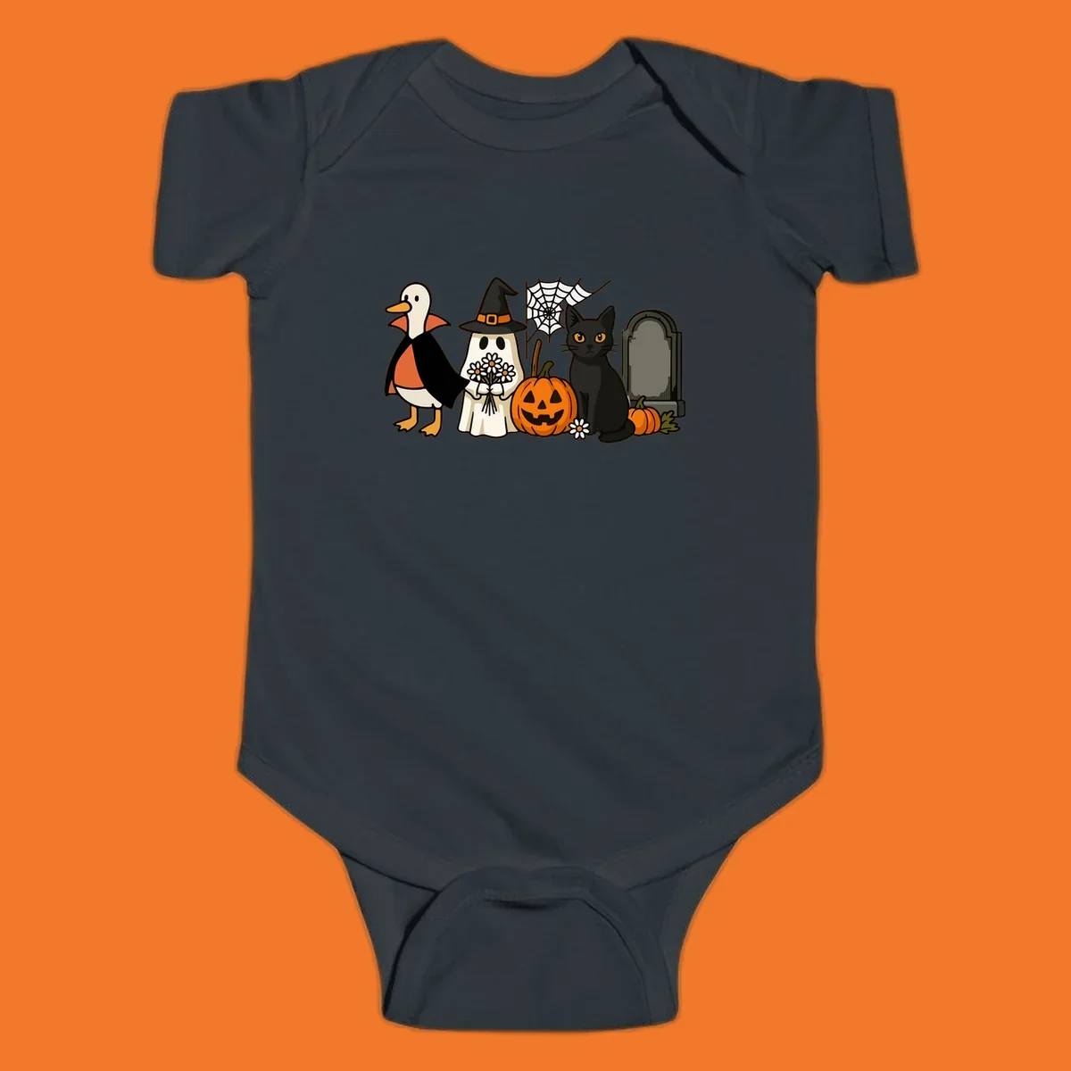 Halloween spooky friends gathering illustration with a duck, ghost, cat, and pumpkin.