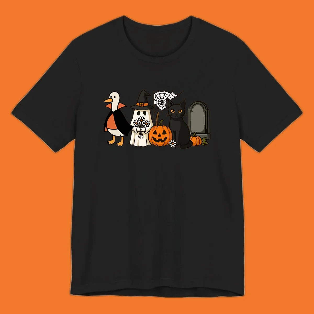 Halloween spooky friends gathering illustration with a duck, ghost, cat, and pumpkin.