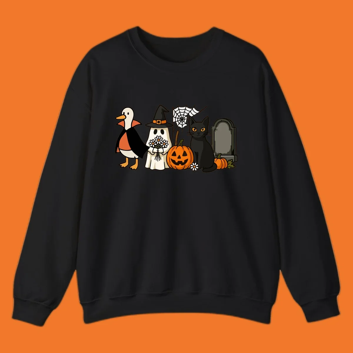 Halloween spooky friends gathering illustration with a duck, ghost, cat, and pumpkin.