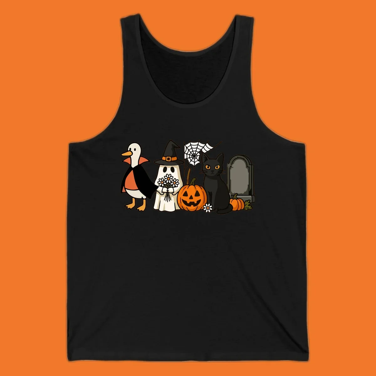 Halloween spooky friends gathering illustration with a duck, ghost, cat, and pumpkin.