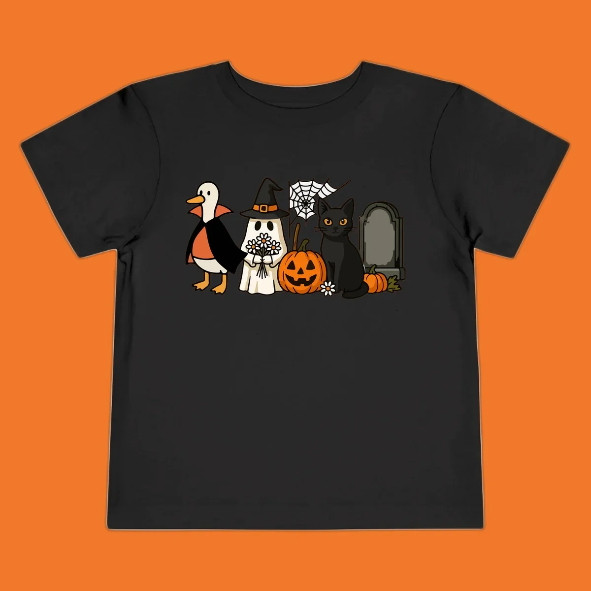 Halloween spooky friends gathering illustration with a duck, ghost, cat, and pumpkin.