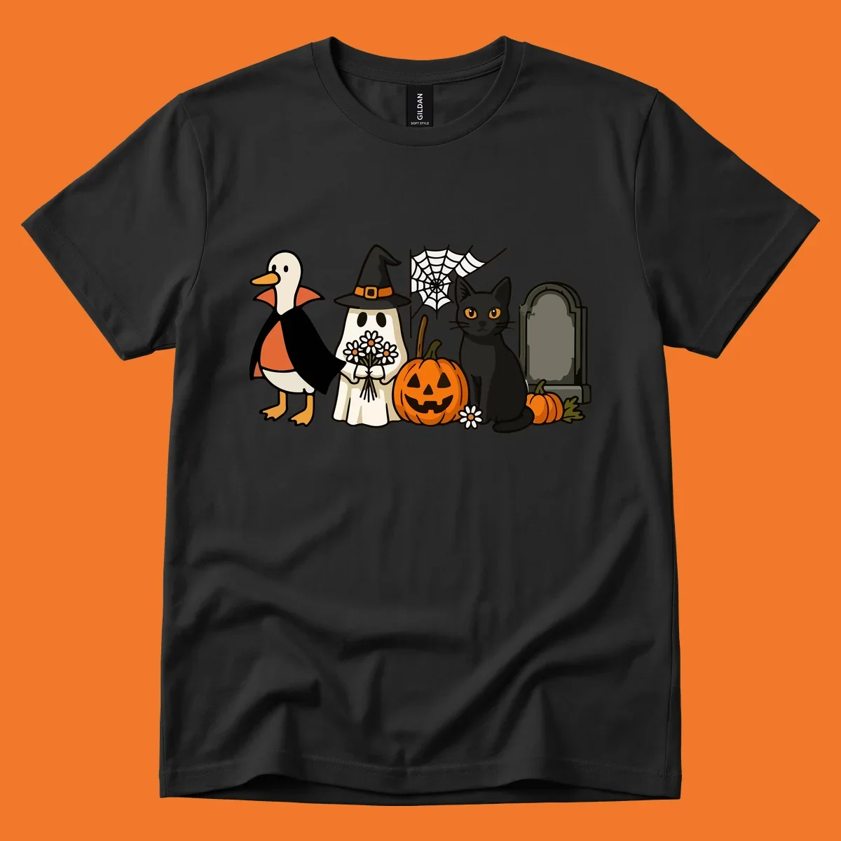 Halloween spooky friends gathering illustration with a duck, ghost, cat, and pumpkin.