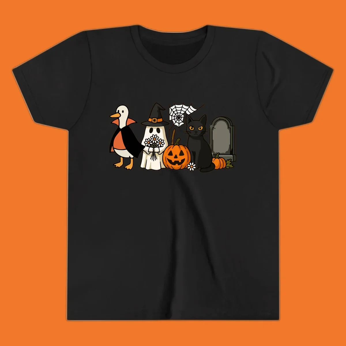 Halloween spooky friends gathering illustration with a duck, ghost, cat, and pumpkin.