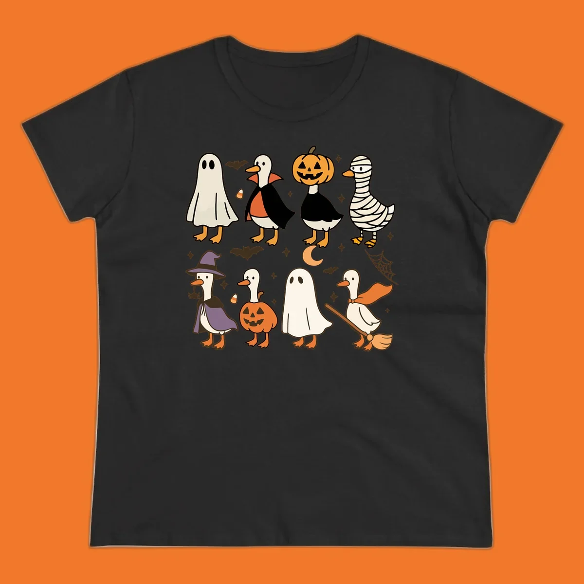 Illustration of cute ducks in various Halloween costumes like ghost, vampire, and pumpkin, on a dark background.