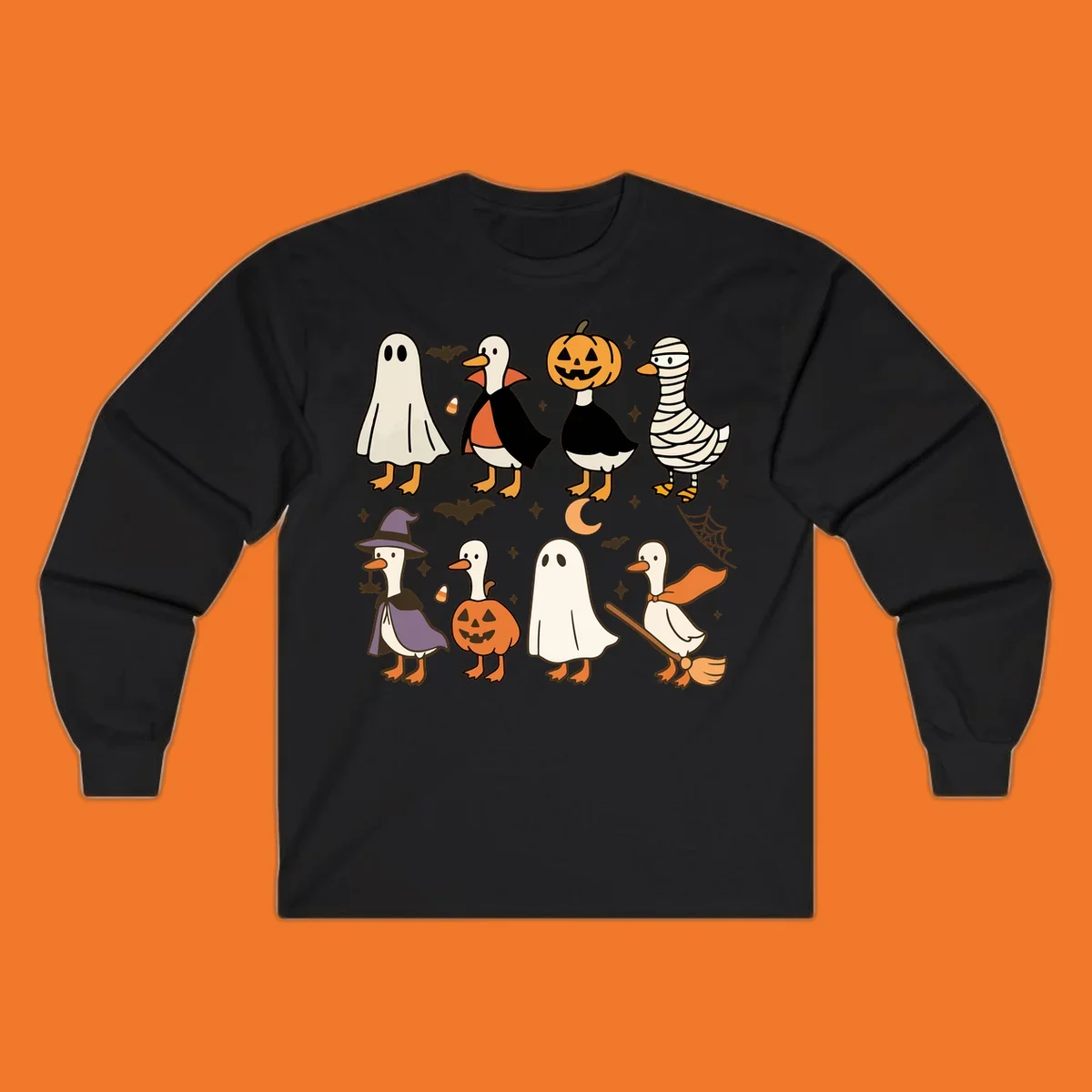 Illustration of cute ducks in various Halloween costumes like ghost, vampire, and pumpkin, on a dark background.