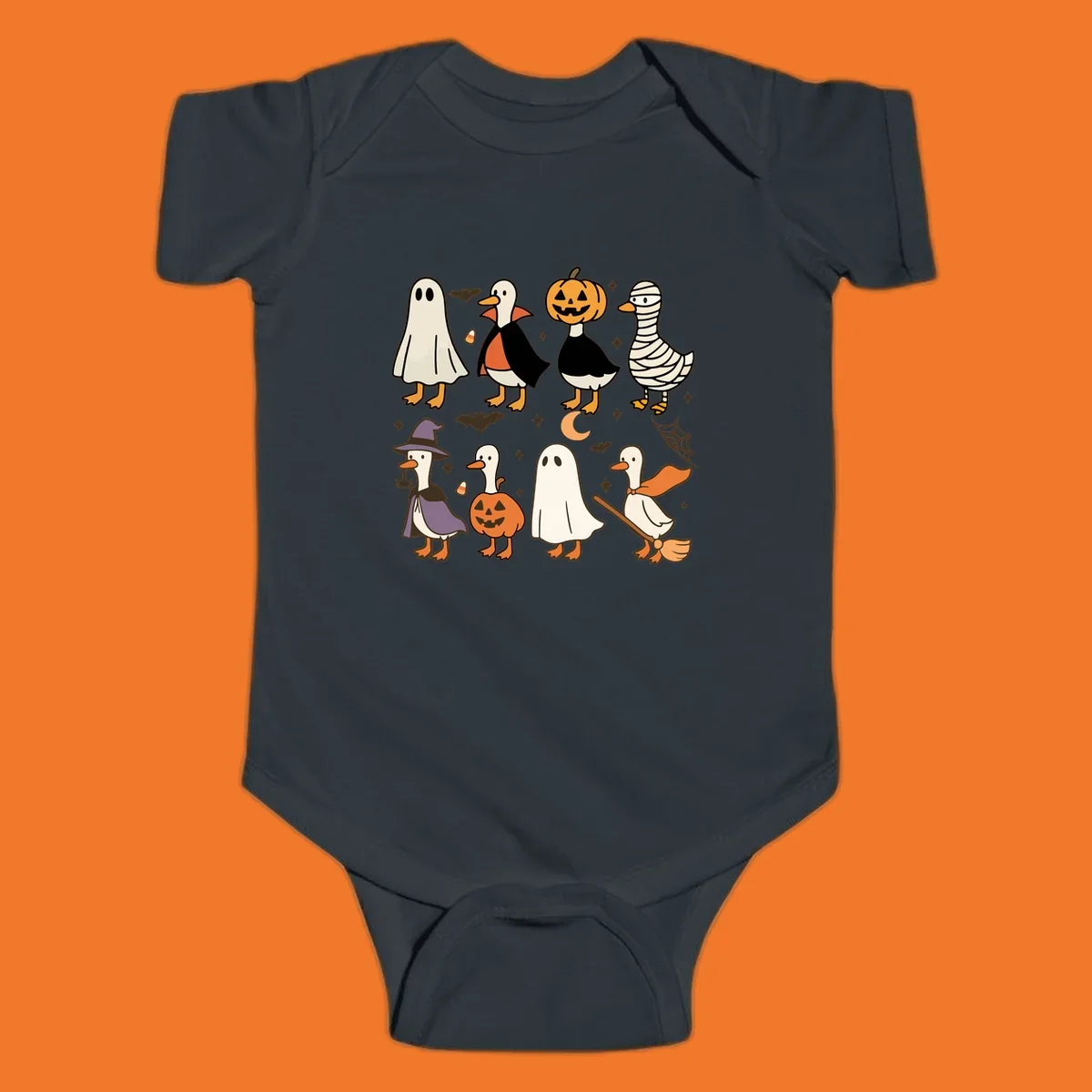 Illustration of cute ducks in various Halloween costumes like ghost, vampire, and pumpkin, on a dark background.