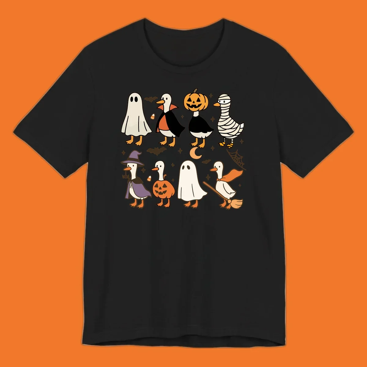 Illustration of cute ducks in various Halloween costumes like ghost, vampire, and pumpkin, on a dark background.
