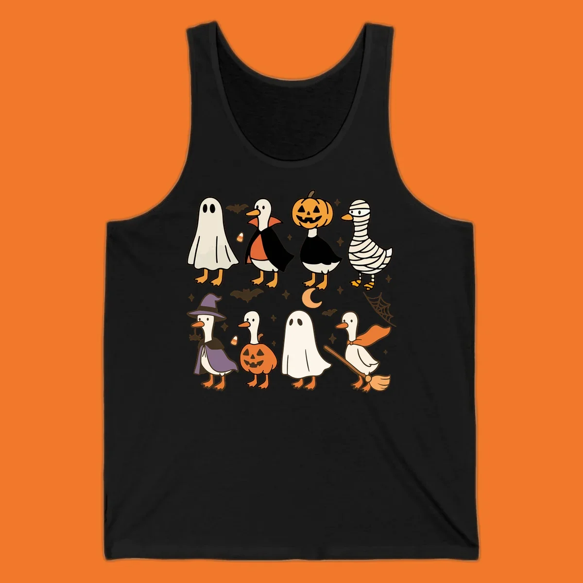 Illustration of cute ducks in various Halloween costumes like ghost, vampire, and pumpkin, on a dark background.