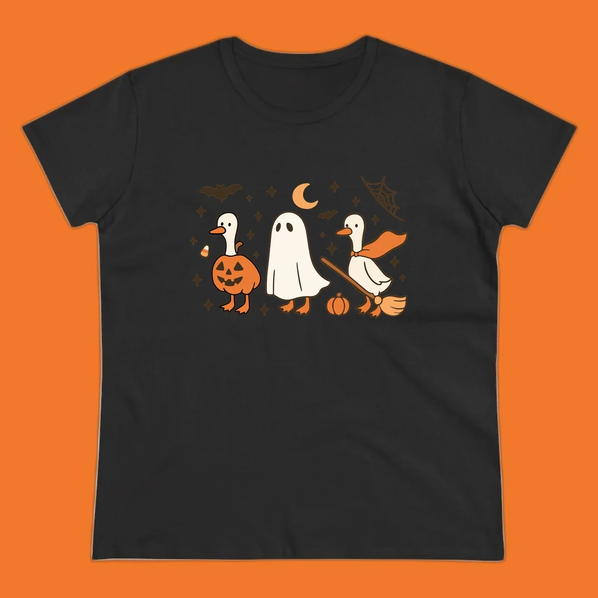 Cute geese in Halloween costumes: pumpkin, ghost, and witch on broom, with bats and stars.
