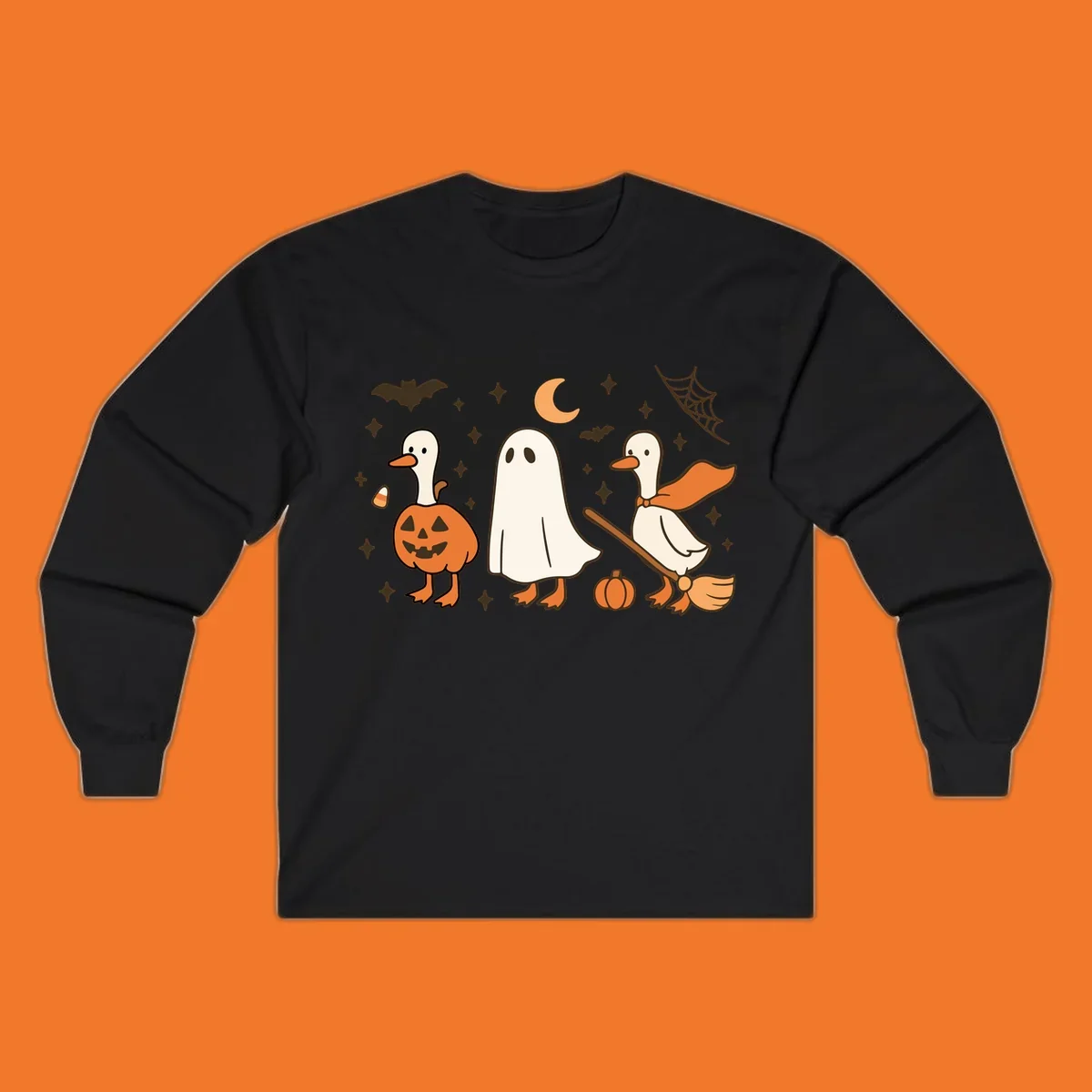 Cute geese in Halloween costumes: pumpkin, ghost, and witch on broom, with bats and stars.