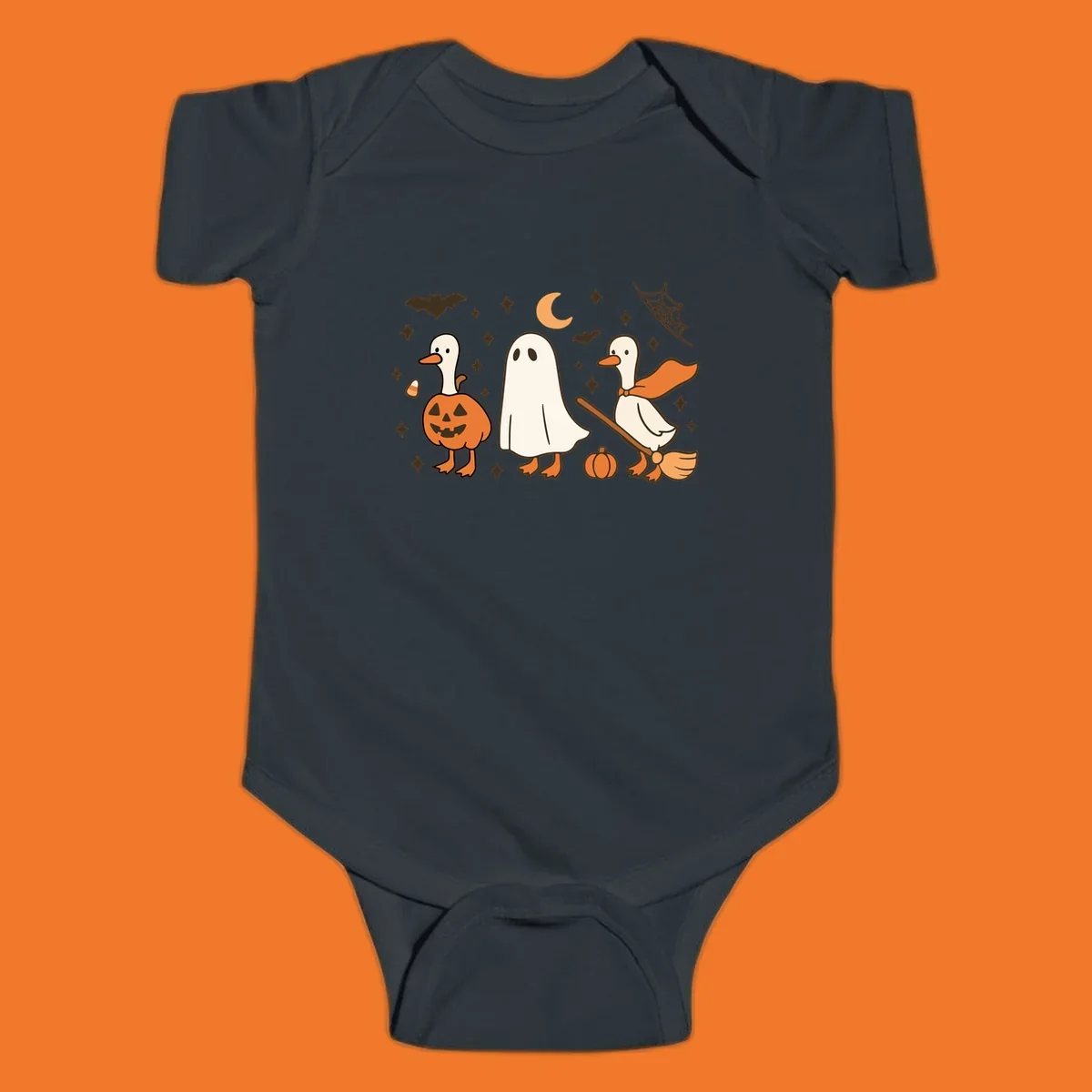 Cute geese in Halloween costumes: pumpkin, ghost, and witch on broom, with bats and stars.