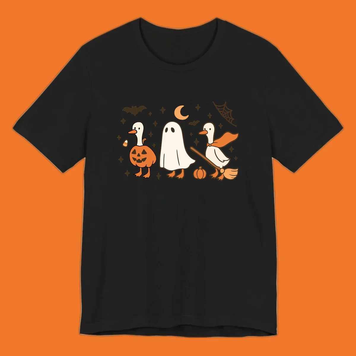Cute geese in Halloween costumes: pumpkin, ghost, and witch on broom, with bats and stars.