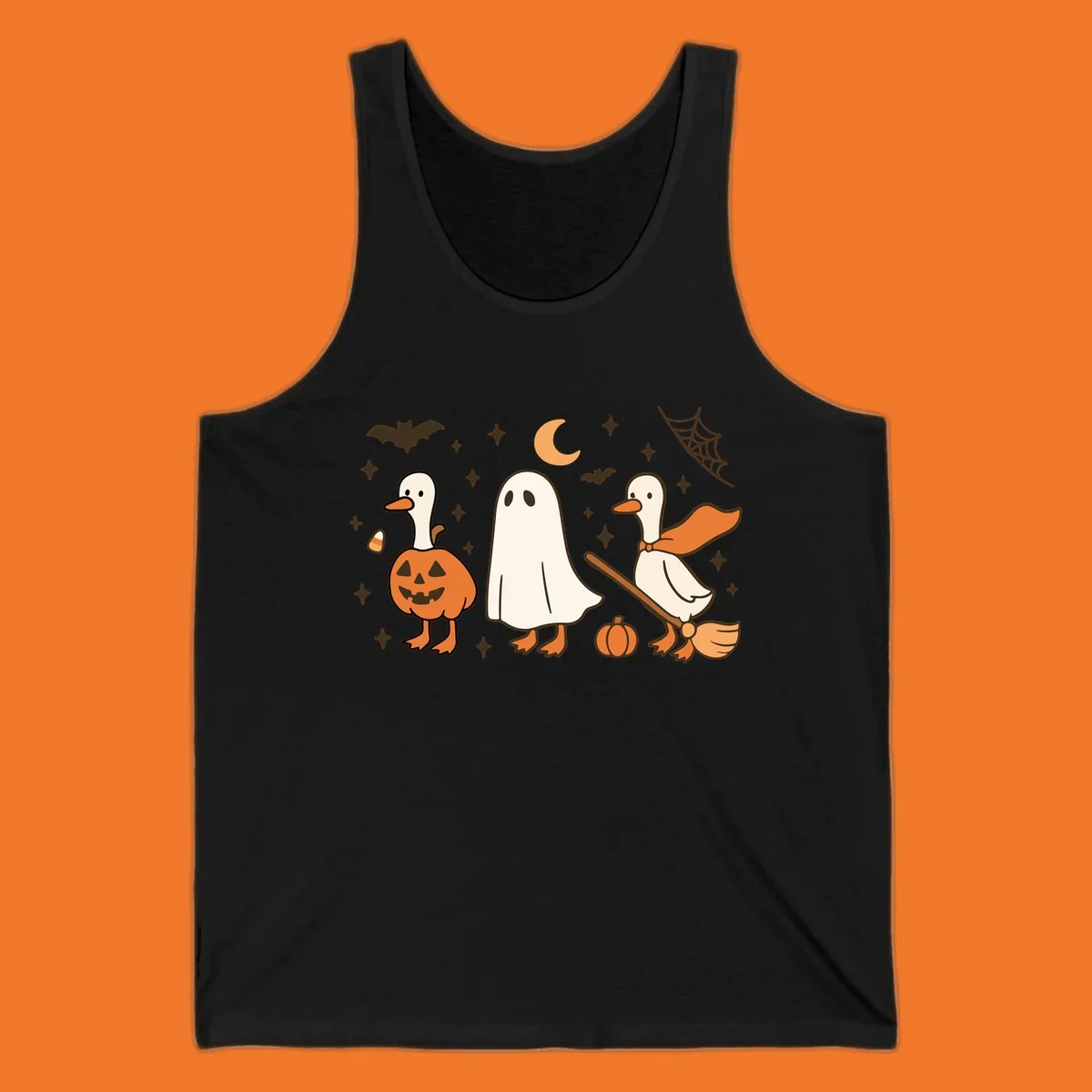 Cute geese in Halloween costumes: pumpkin, ghost, and witch on broom, with bats and stars.