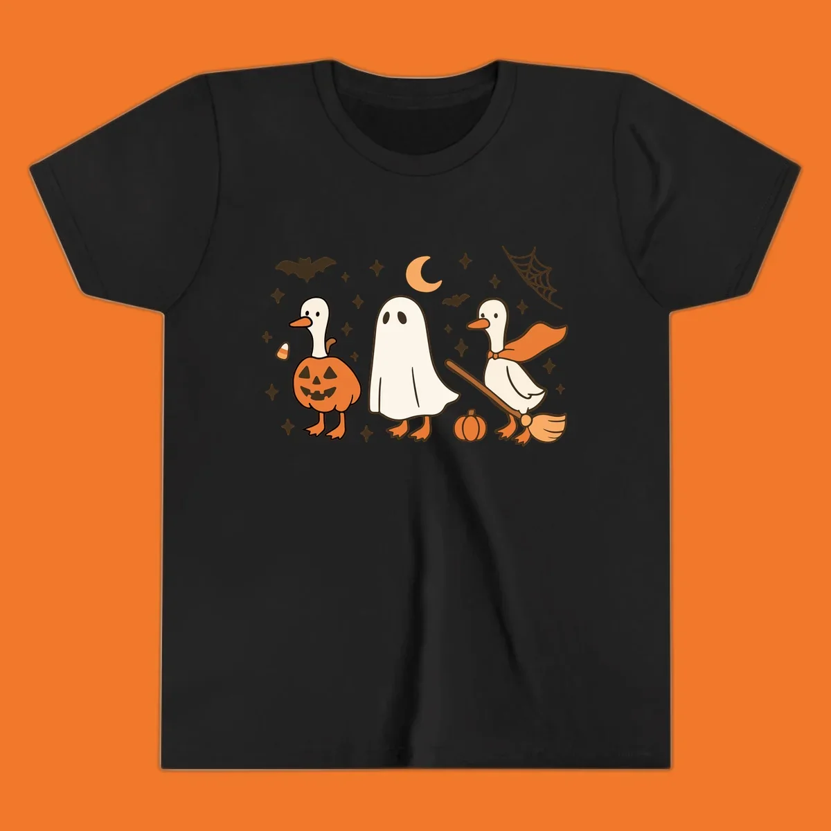 Cute geese in Halloween costumes: pumpkin, ghost, and witch on broom, with bats and stars.