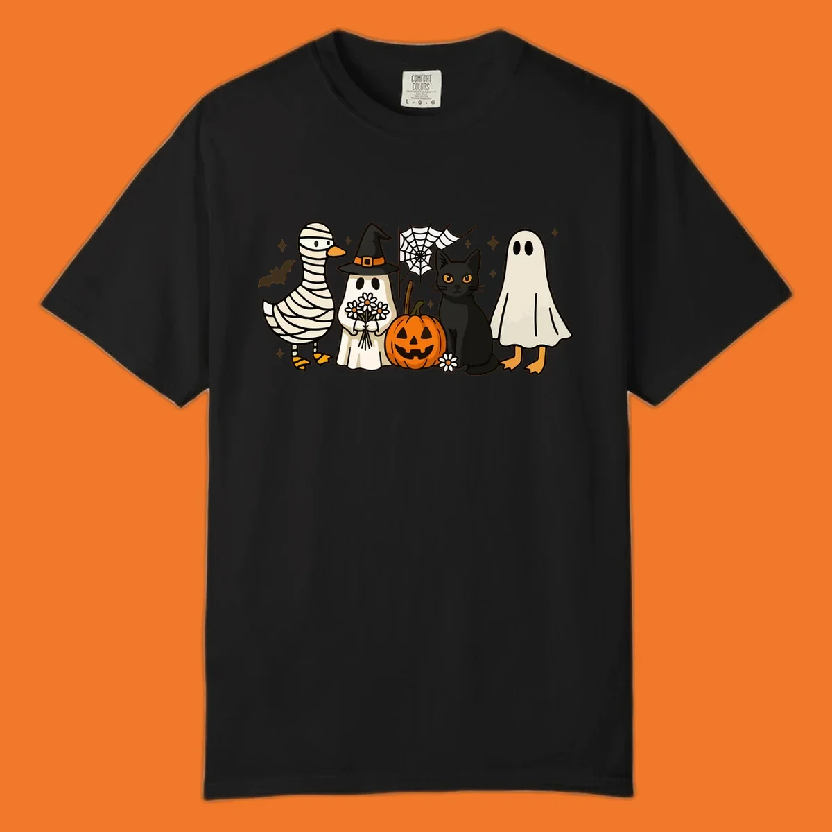 Spooky Halloween friends illustration with mummy goose, ghost, cat, and pumpkin.