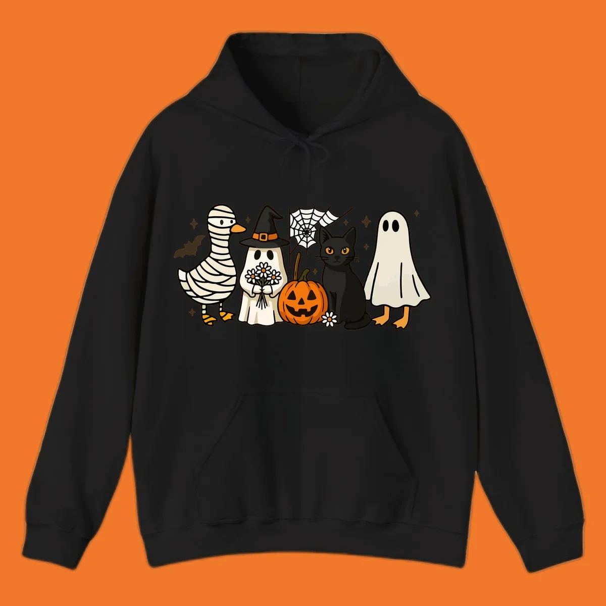 Spooky Halloween friends illustration with mummy goose, ghost, cat, and pumpkin.