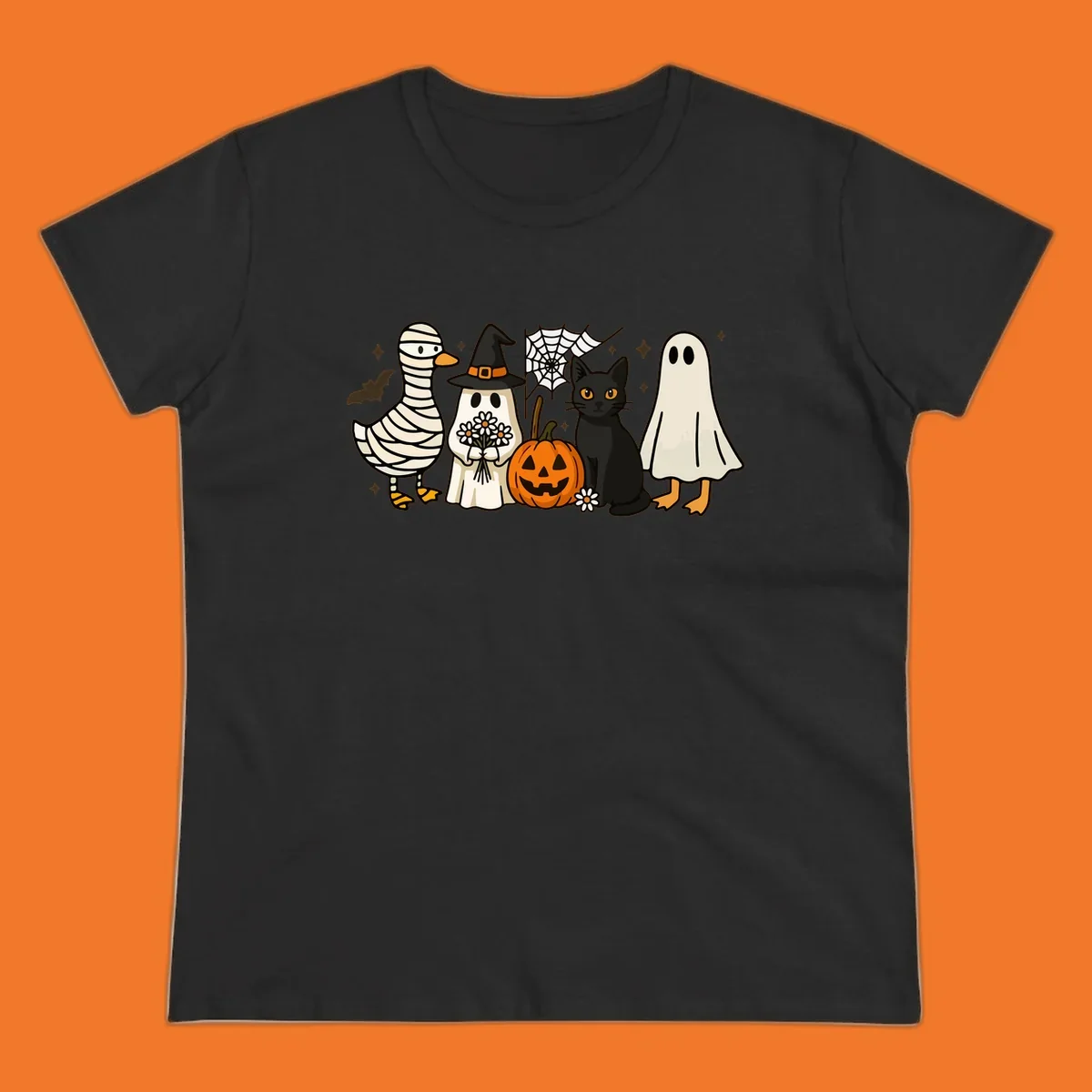 Spooky Halloween friends illustration with mummy goose, ghost, cat, and pumpkin.