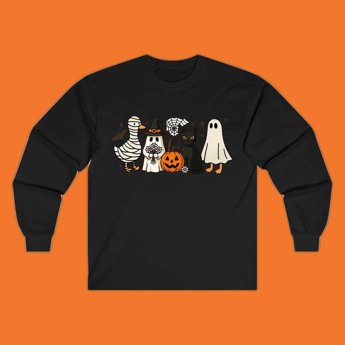 Spooky Halloween friends illustration with mummy goose, ghost, cat, and pumpkin.