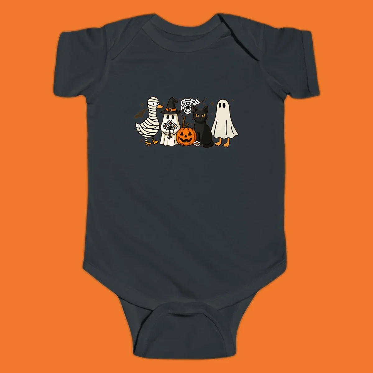 Spooky Halloween friends illustration with mummy goose, ghost, cat, and pumpkin.
