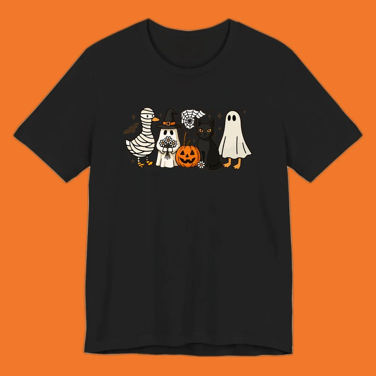 Spooky Halloween friends illustration with mummy goose, ghost, cat, and pumpkin.