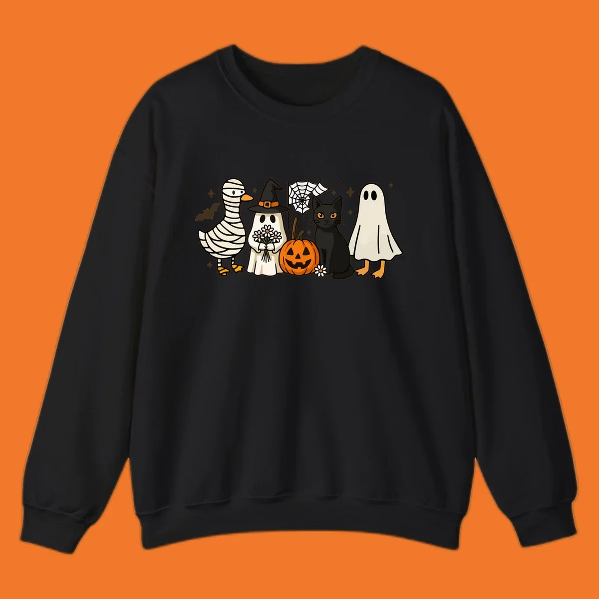 Spooky Halloween friends illustration with mummy goose, ghost, cat, and pumpkin.