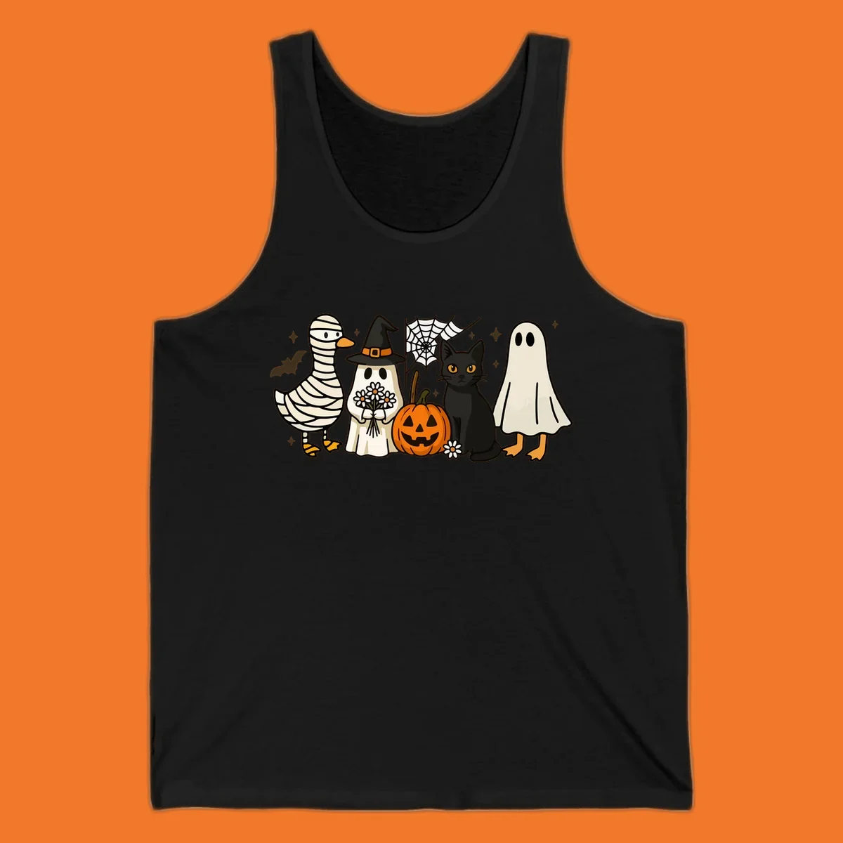 Spooky Halloween friends illustration with mummy goose, ghost, cat, and pumpkin.