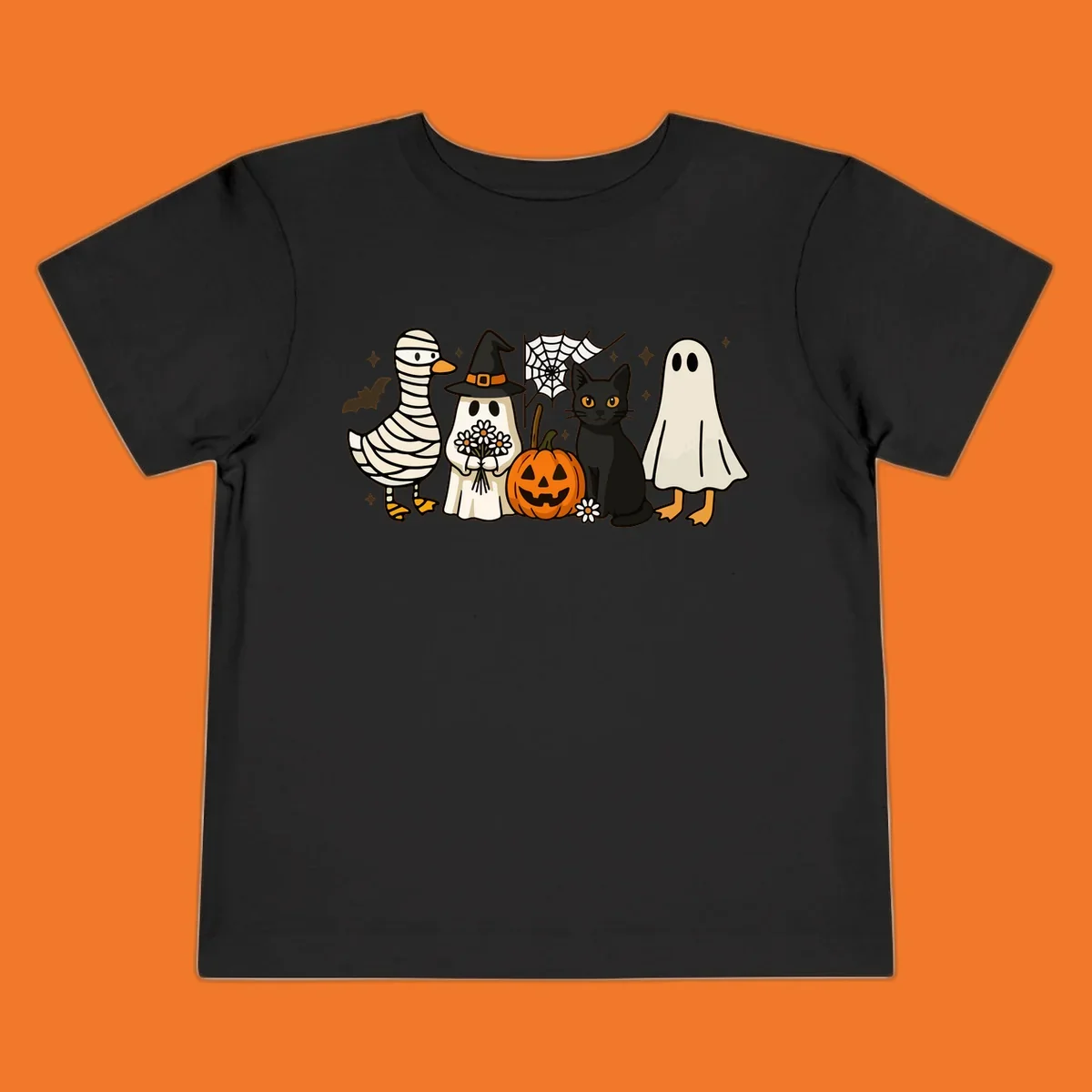 Spooky Halloween friends illustration with mummy goose, ghost, cat, and pumpkin.