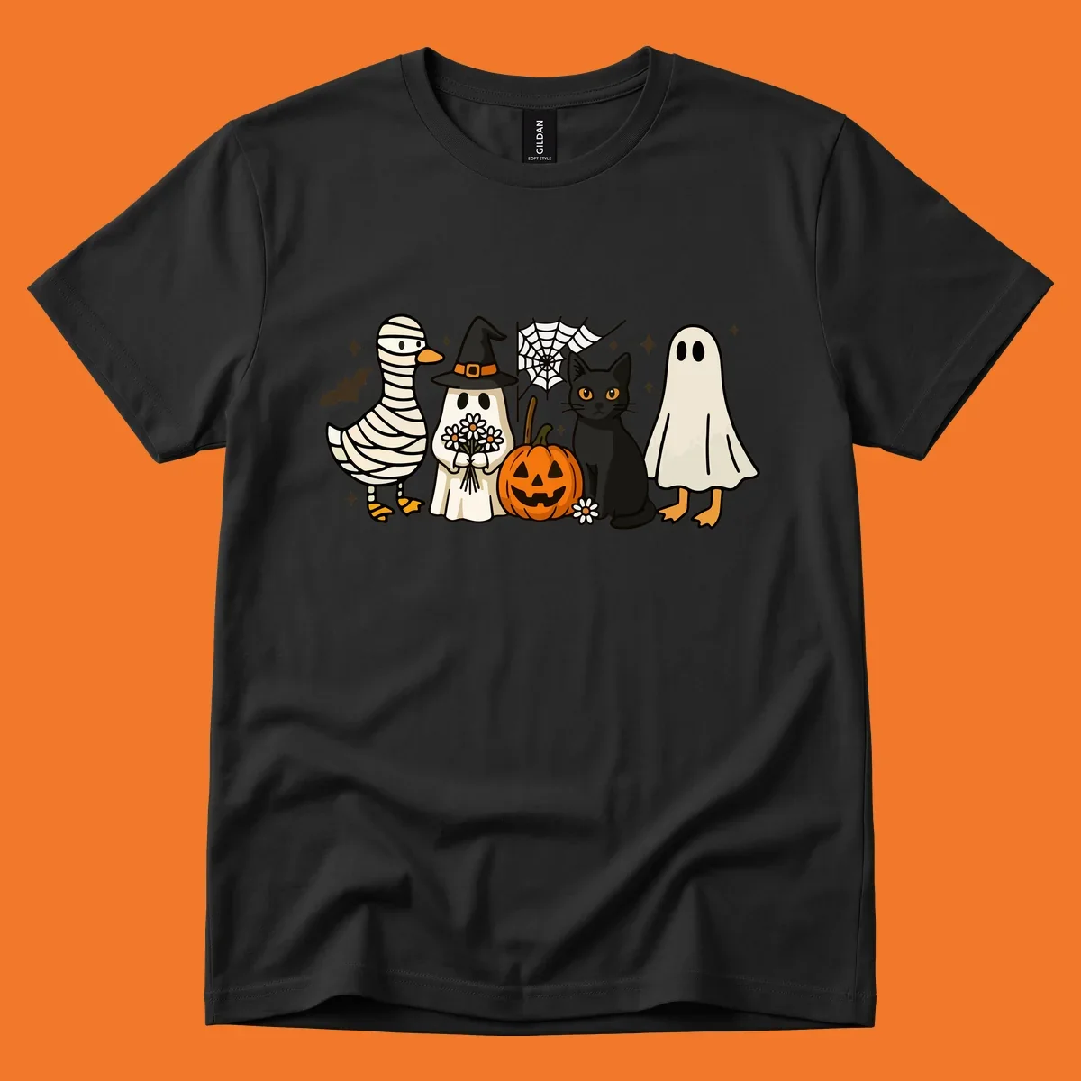 Spooky Halloween friends illustration with mummy goose, ghost, cat, and pumpkin.
