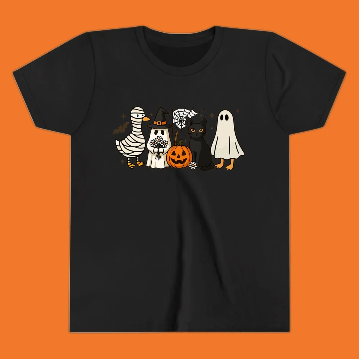 Spooky Halloween friends illustration with mummy goose, ghost, cat, and pumpkin.
