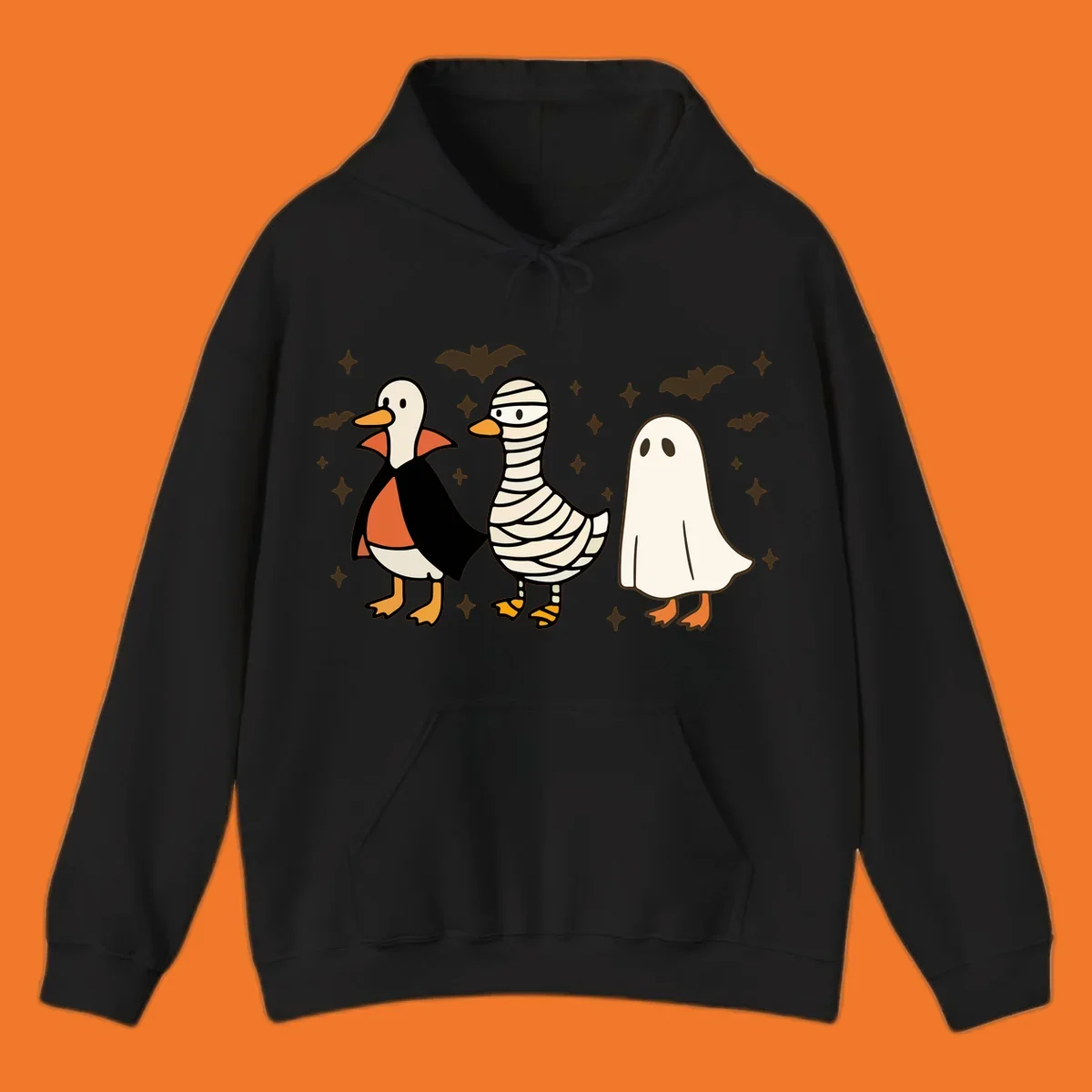 Halloween duck trio in costumes: vampire, mummy, and ghost. holiday-duck-trio.