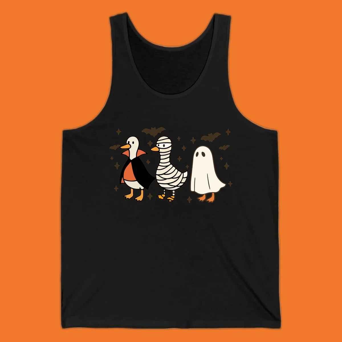 Halloween duck trio in costumes: vampire, mummy, and ghost. holiday-duck-trio.