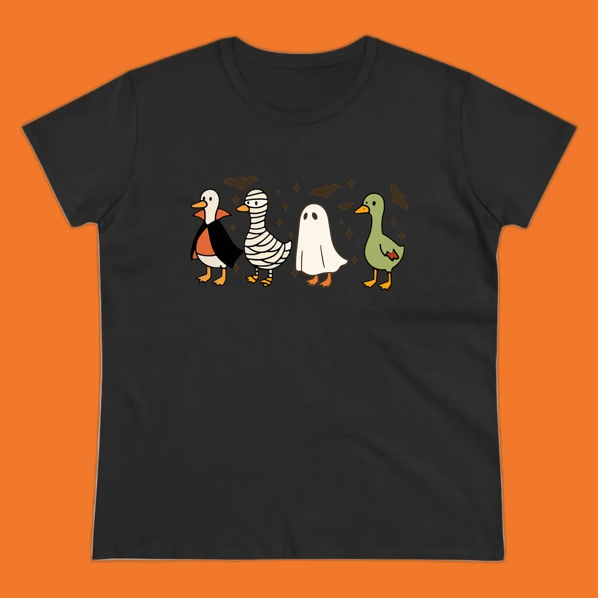 Four cute ducks in Halloween costumes: vampire, mummy, ghost, and plain duck, with bats and stars.