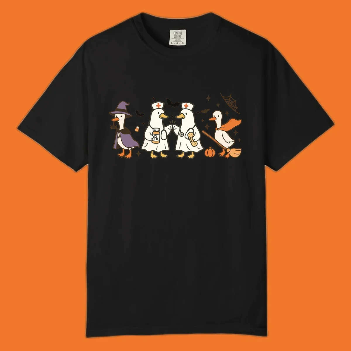 Halloween duck doctors nurses witch and broomstick illustration