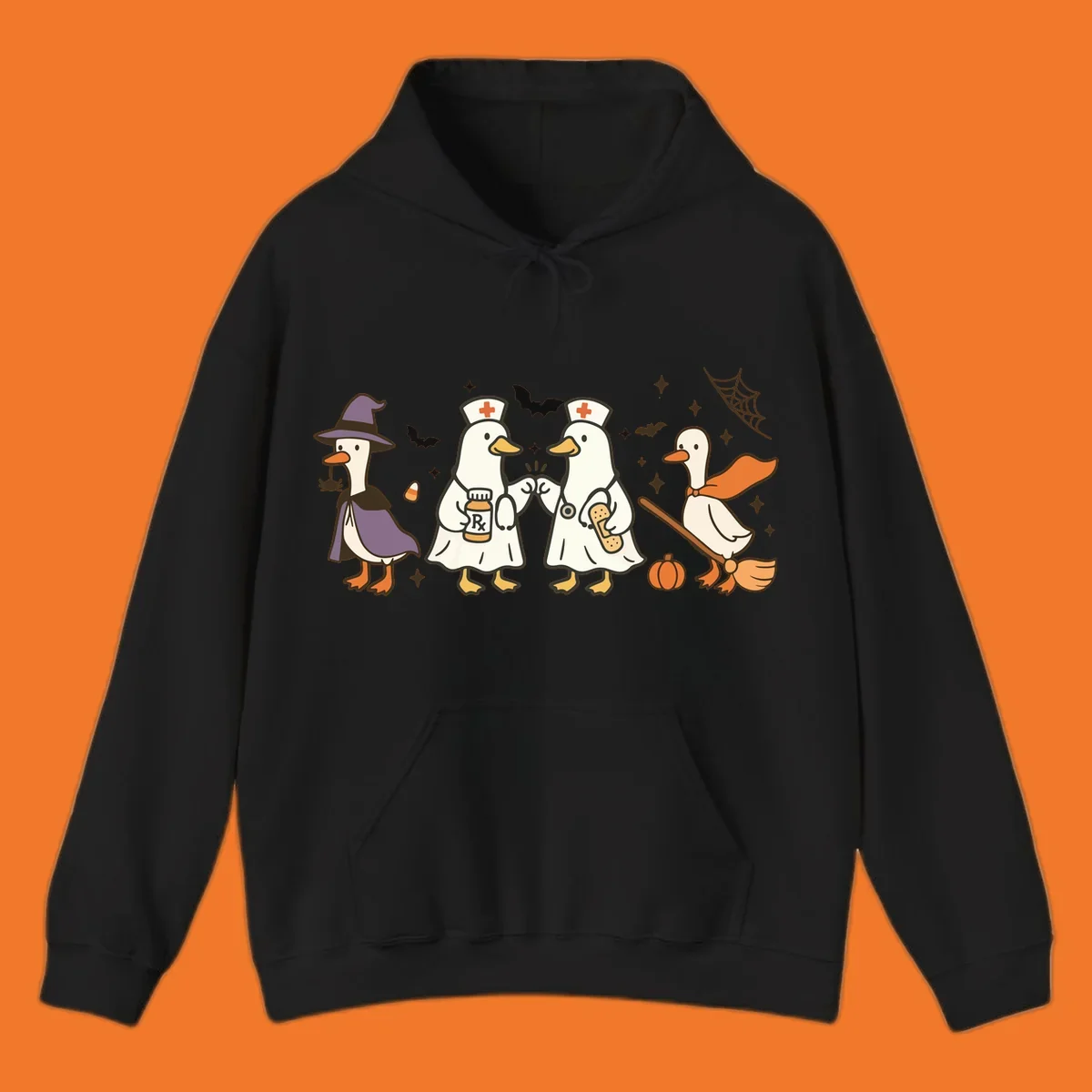 Halloween duck doctors nurses witch and broomstick illustration