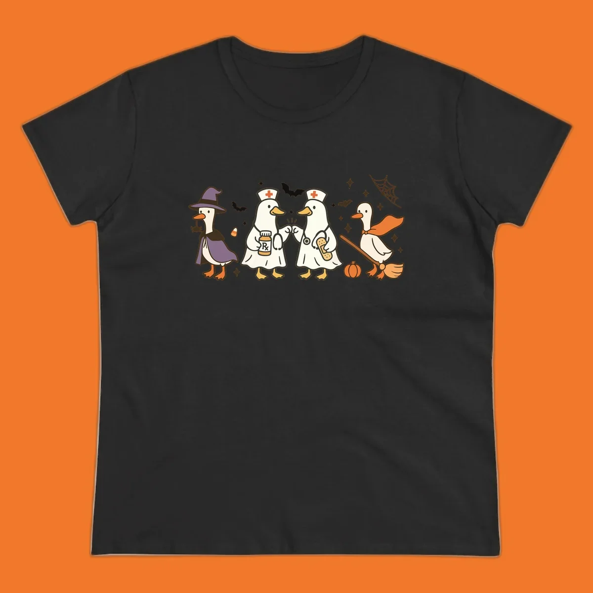 Halloween duck doctors nurses witch and broomstick illustration