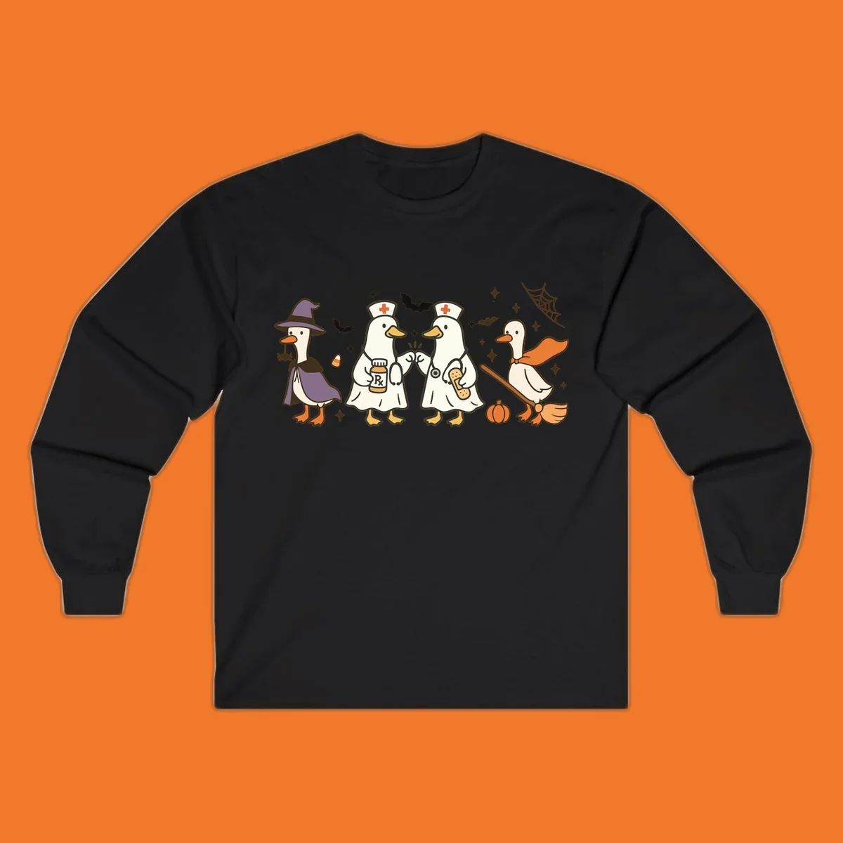 Halloween duck doctors nurses witch and broomstick illustration