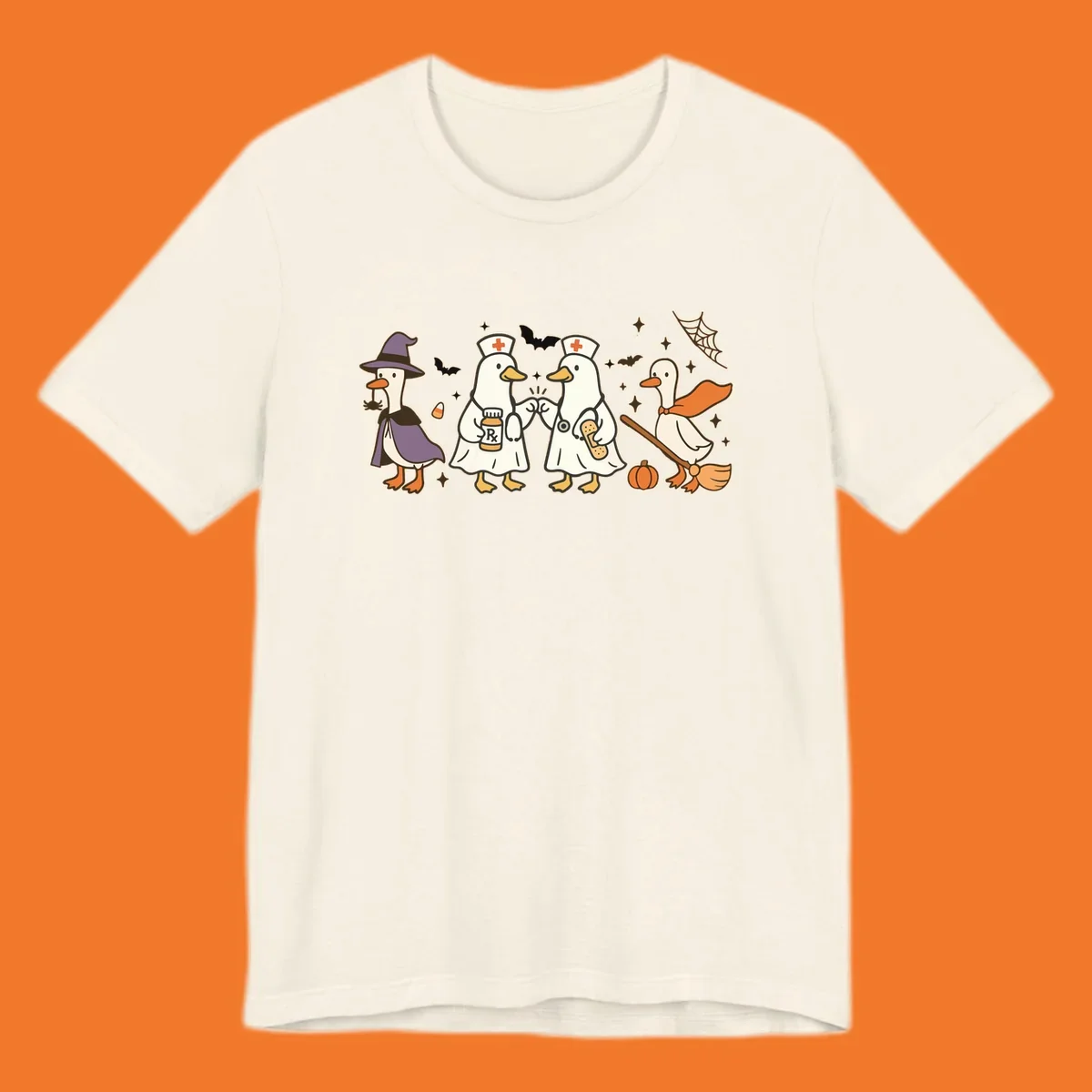 Halloween duck doctors nurses witch and broomstick illustration