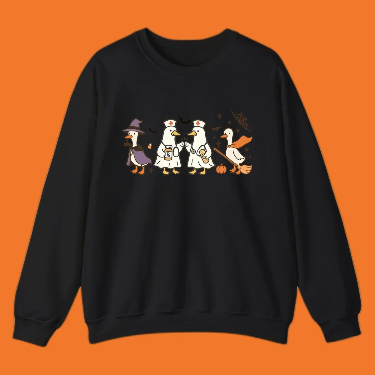 Halloween duck doctors nurses witch and broomstick illustration