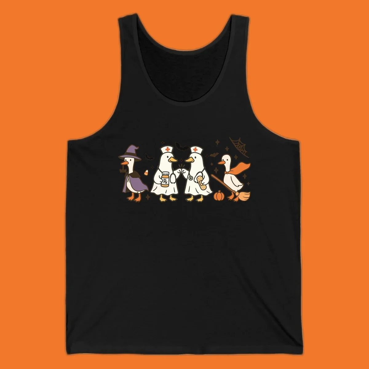 Halloween duck doctors nurses witch and broomstick illustration
