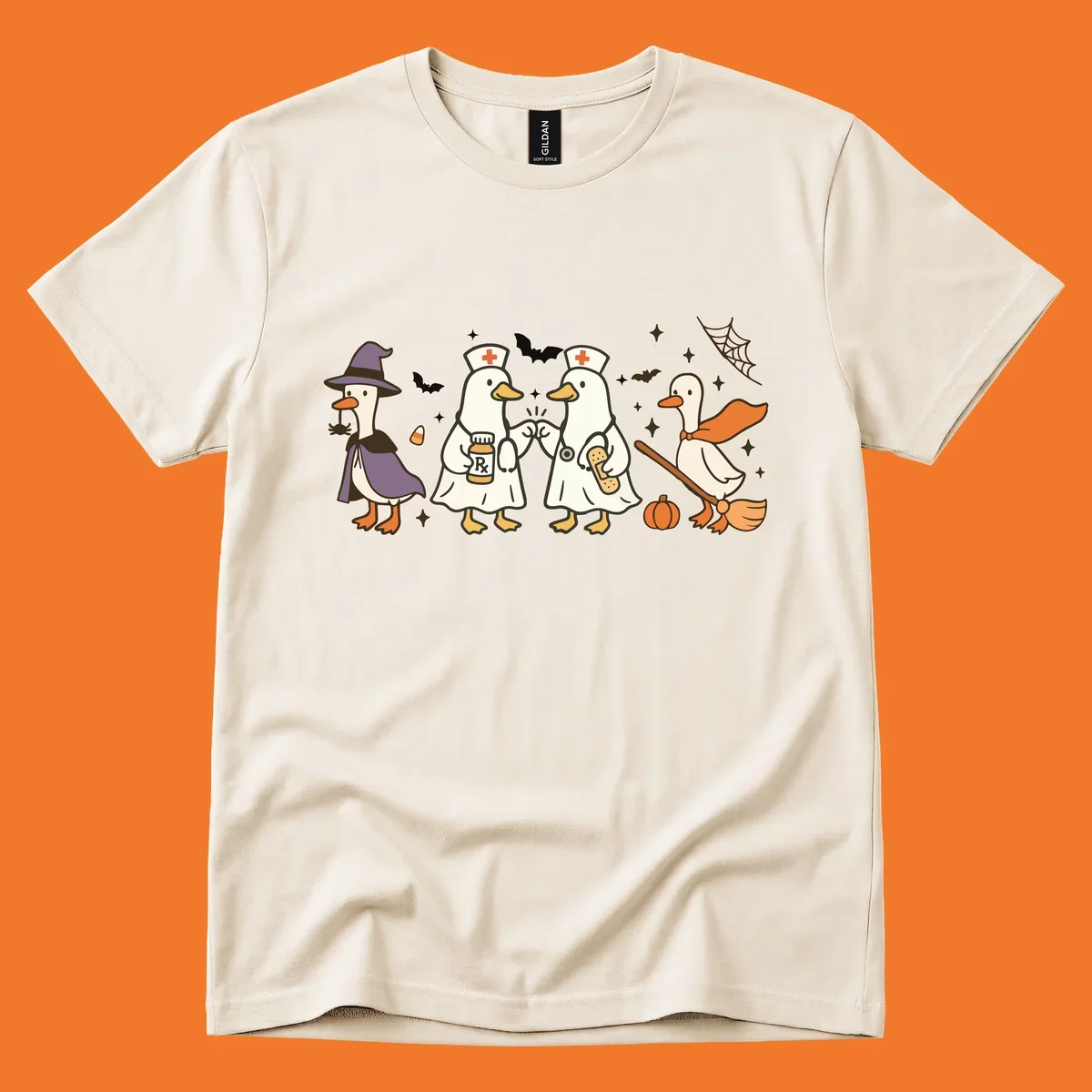 Halloween duck doctors nurses witch and broomstick illustration