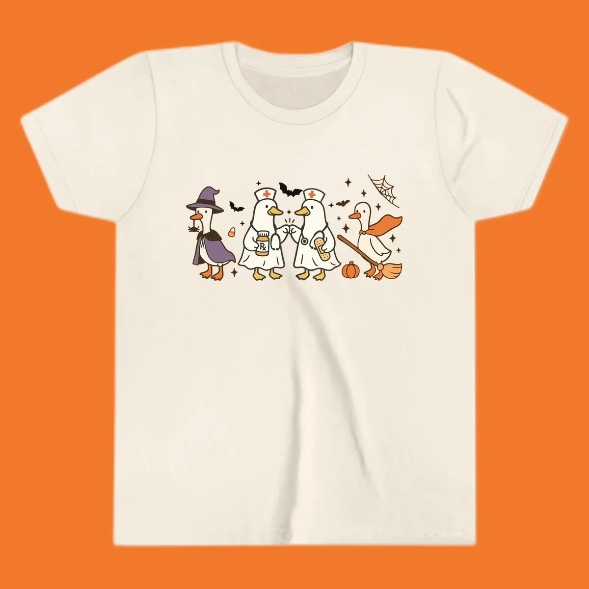 Halloween duck doctors nurses witch and broomstick illustration