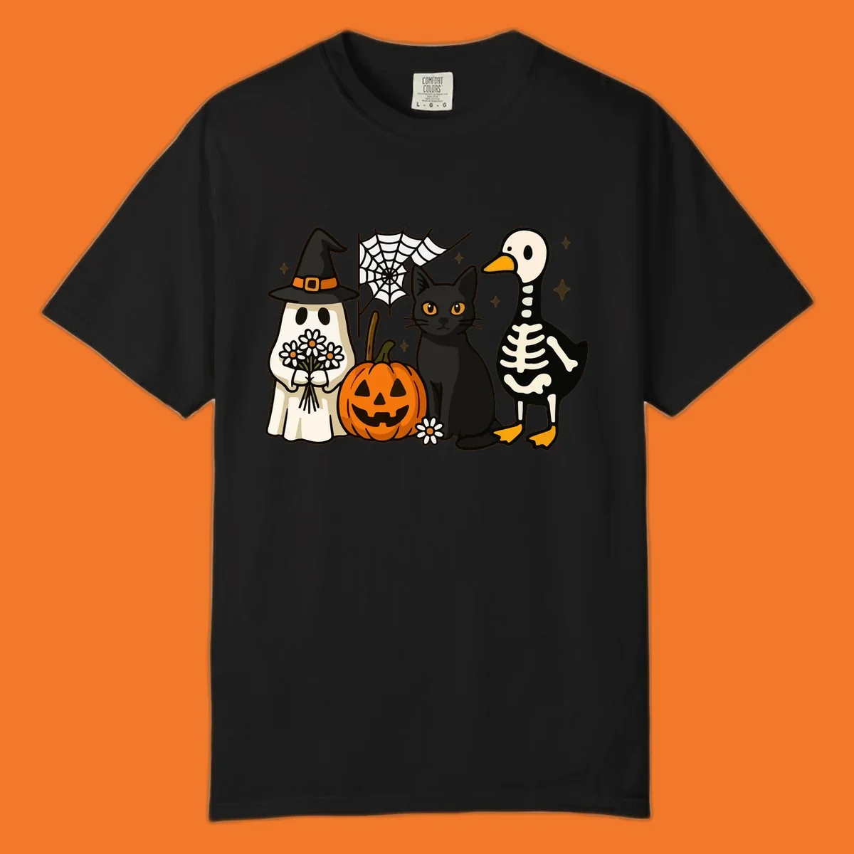 Cute Halloween critters ghost, cat, pumpkin, and skeleton duck illustration.